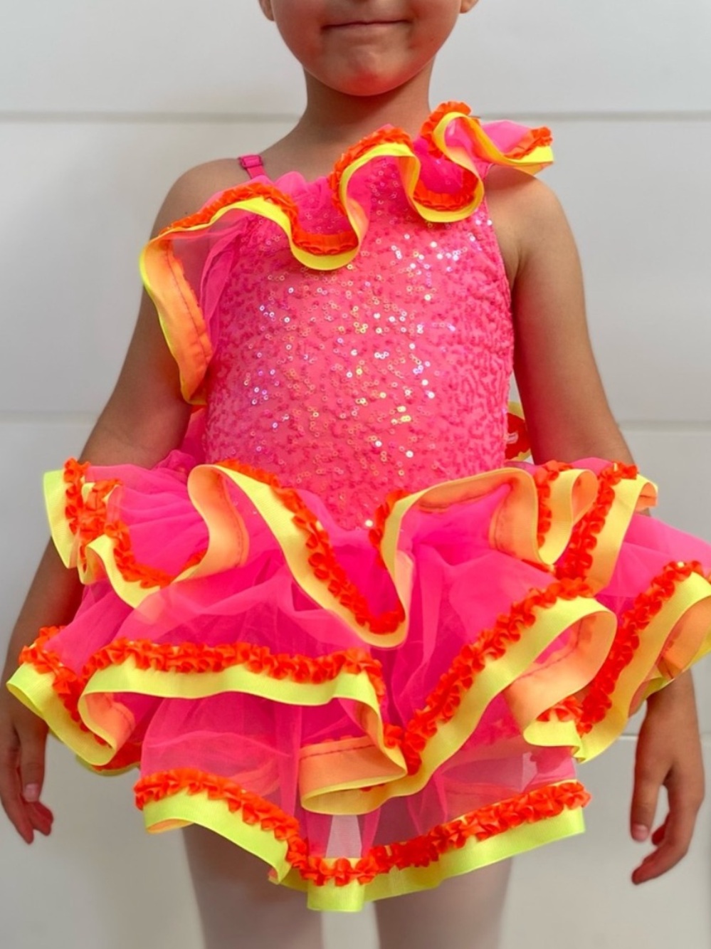 Revolution Dancewear ‘Ay Caramba’ Neon Pink & Yellow Ruffled Sequin Dance Dress